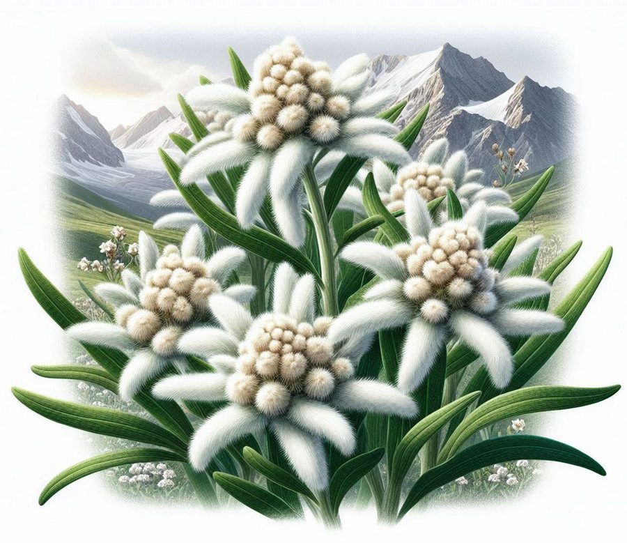 Illustration of edelweiss flowers in front of Alpine mountains
